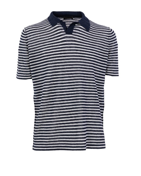 Shop ROBERTO COLLINA  Polo: Roberto Collina polo lino in maglia a righe.
Manica corta.
Collo senza bottoni.
Spalla al giro.
Composizione: 100% lino flax.
Fabbricato in Italia. RN21024-2110BLU
